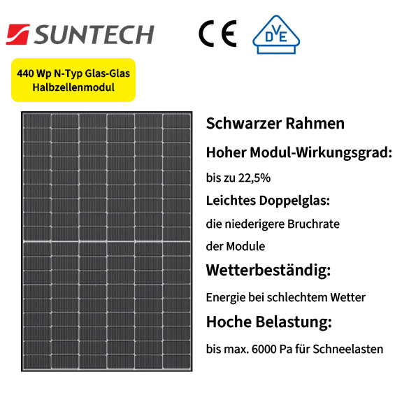 Suntech 440 Wp N-Typ TOPCON Glas-Glas Solarmodul mit schwarzem Rahmen|Versand/Selbstabholung